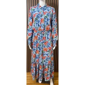 T Tahari Women's L Blue Dress Polyester Maxi Floral‎ Smocked Waist Cottagecore